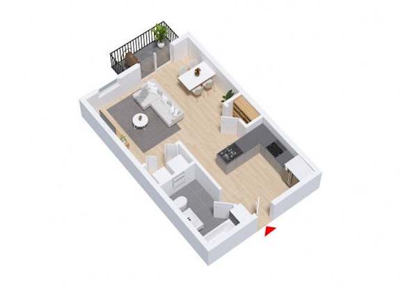 A 3D floor plan of a house with a balcony and a red arrow pointing to a specific area.