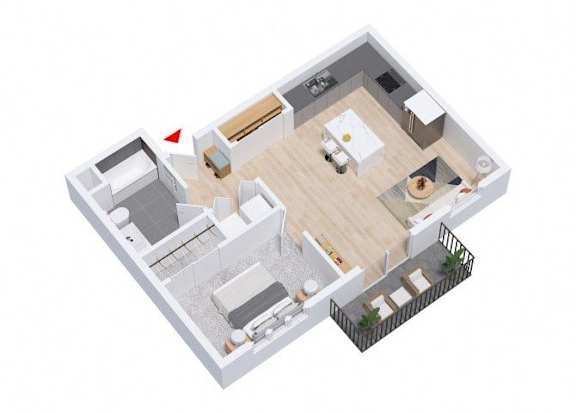 A 3D floor plan of a house with a kitchen, living room, and bathroom.