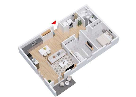 A 3D floor plan of a house with a kitchen, living room, and two bedrooms.