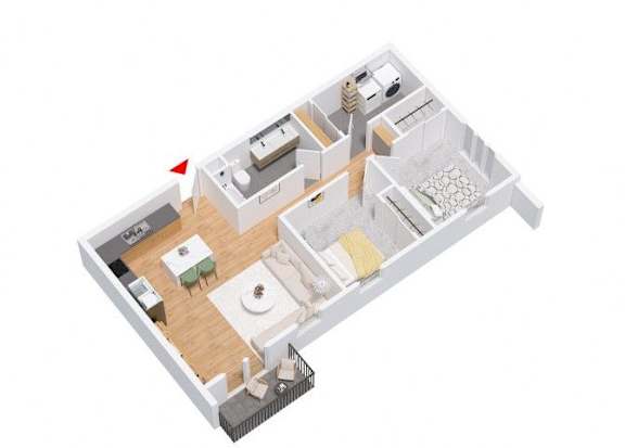 A 3D floor plan of a house with a kitchen, living room, and bathroom.