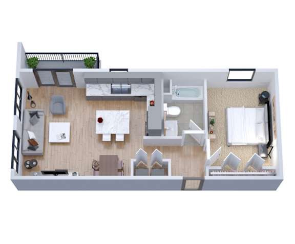 A top-down view of a small apartment with a kitchen, living room, and bedroom.