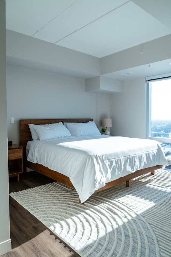 A bedroom with a large bed and a window overlooking the city.