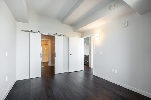 A room with a white wall and a brown door.