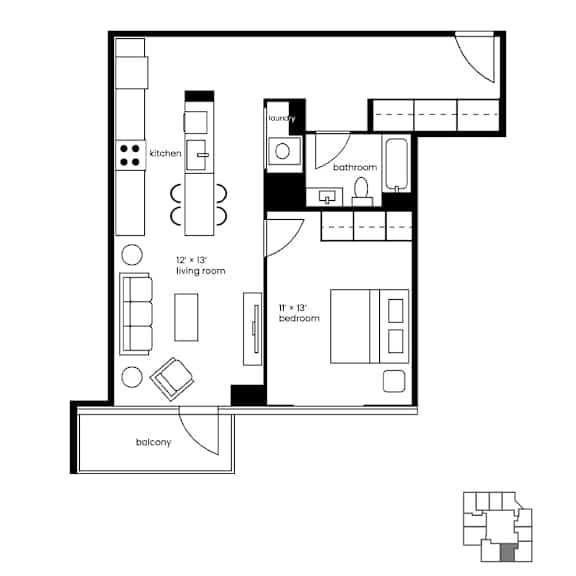 Floor Plan  A black and white floor plan of a house with a balcony.