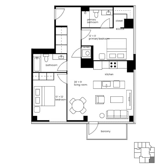 Floor Plan  A black and white floor plan of a house with a balcony.