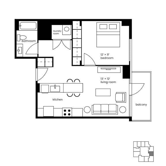Floor Plan  A floor plan of a house with a laundry room, bathroom, kitchen, living room, bedroom, and balcony.