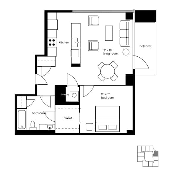 Floor Plan  A floor plan of a house with a kitchen, living room, bedrooms, and bathrooms.