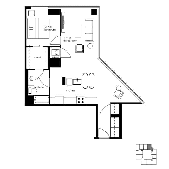Floor Plan  A black and white image of a floor plan for a small apartment.