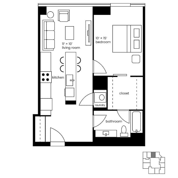 Floor Plan  A black and white floor plan of a house with a living room, kitchen, bathroom, and bedrooms.
