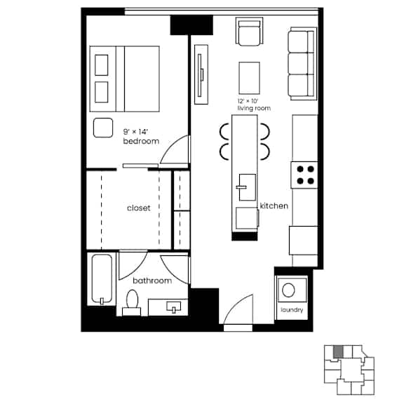 Floor Plan  A floor plan of a small apartment with a bedroom, living room, kitchen, bathroom, and laundry area.