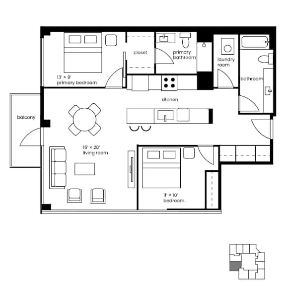 Floor Plan  A black and white floor plan of a house with a balcony.