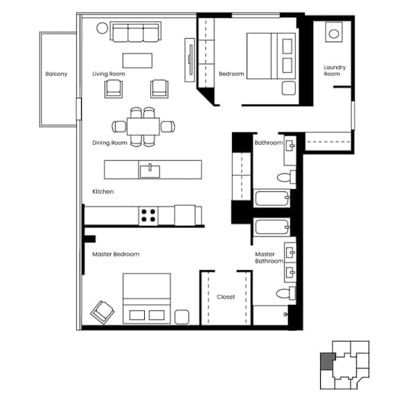 A floor plan of a house with a balcony, living room, dining room, kitchen, two bathrooms, and two bedrooms.