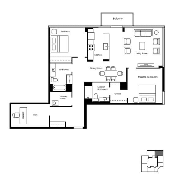A black and white floor plan of a house with a balcony.