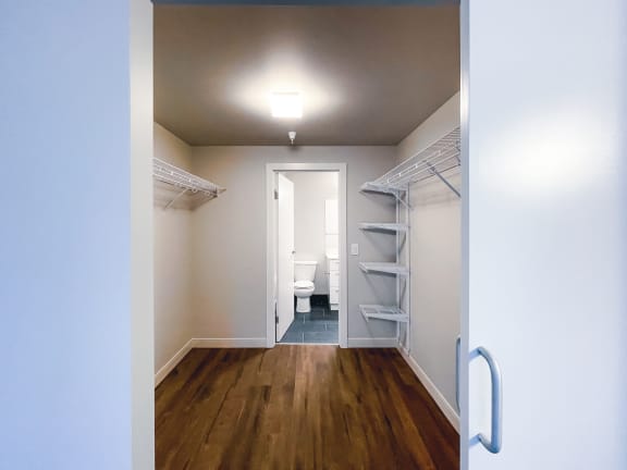 a bedroom with a medium sized bed and a closet with shelves