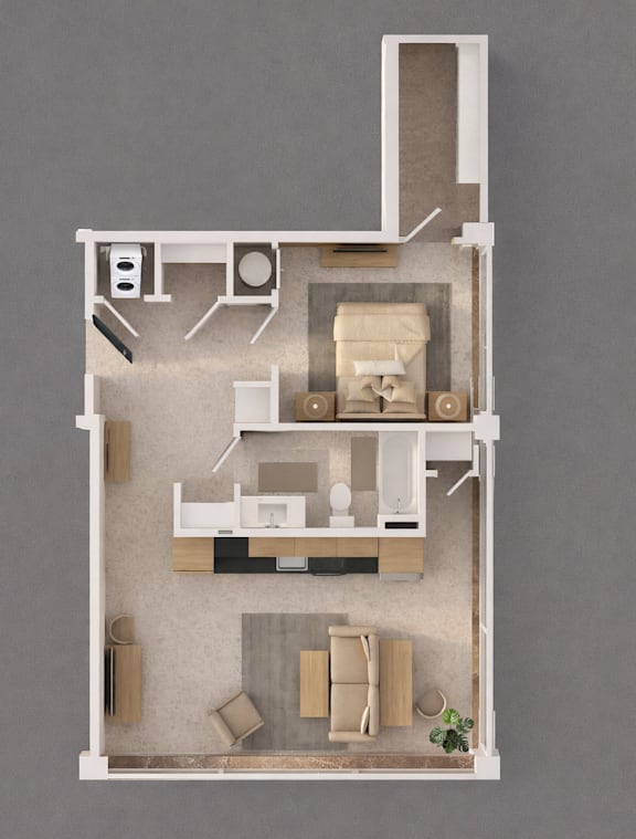 A 3D floor plan of a small apartment with a kitchen, living room, and bathroom.