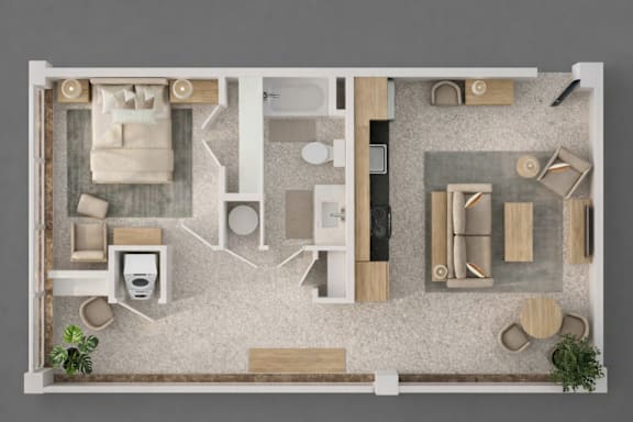 A top-down view of a room with a bed, desk, and chair.