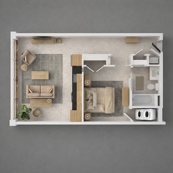 A top-down view of a modern, minimalist living space with a kitchen, dining area, and a single bed.