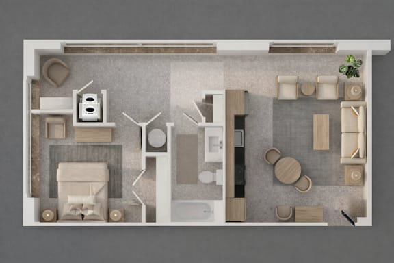 A top-down view of a house layout with a kitchen, living room, and bathroom.