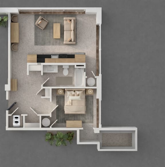 A top-down view of a modern living room with a couch, coffee table, and a TV.