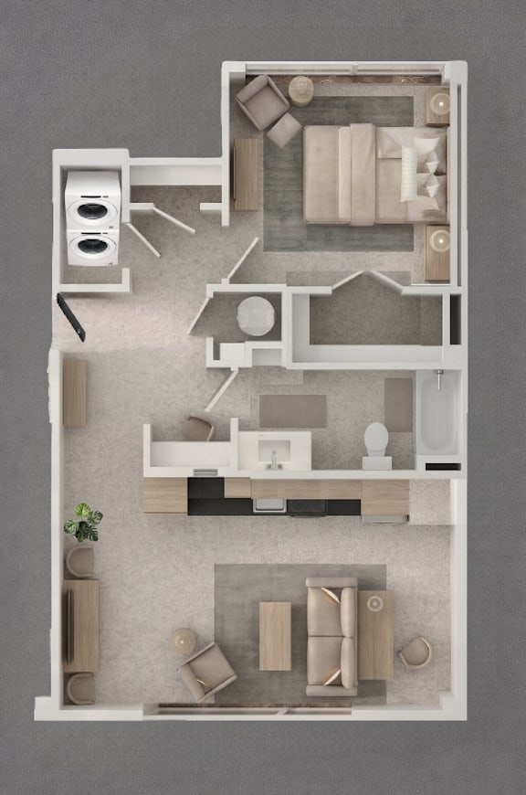 A top-down view of a house layout with a kitchen, living room, and bathroom.