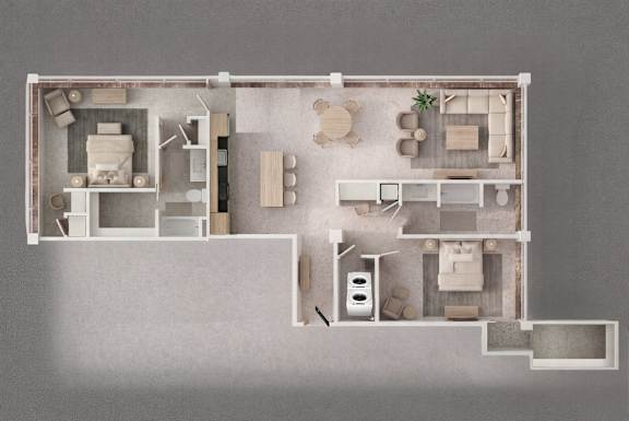 A model of a house with a kitchen, living room, and bathroom.