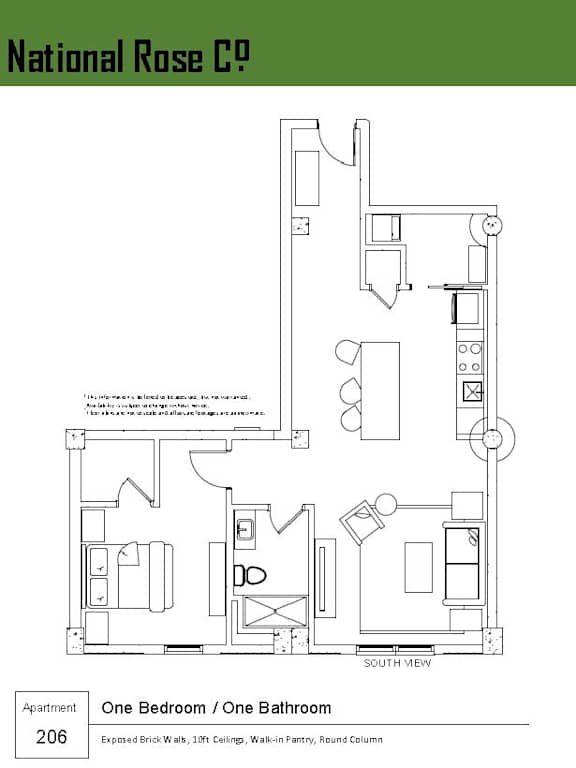 A floor plan of a one bedroom apartment with one bathroom.
