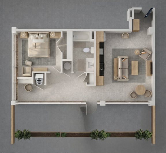 A top-down view of a small apartment layout with a kitchen, living room, and bathroom.
