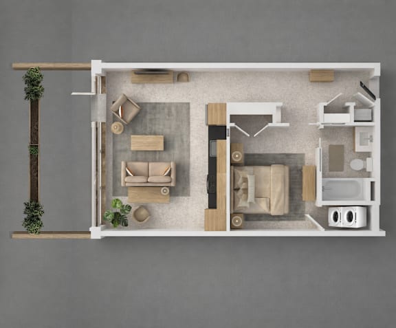 A top-down view of a living space with furniture and decor.