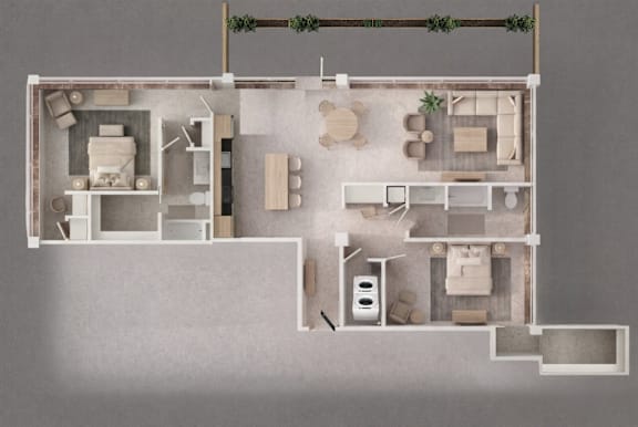 A 3D floor plan of a house with a kitchen, living room, and bathroom.
