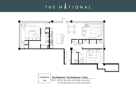 Apartment 106 at The National contains two bedrooms, two bathrooms, and a patio.