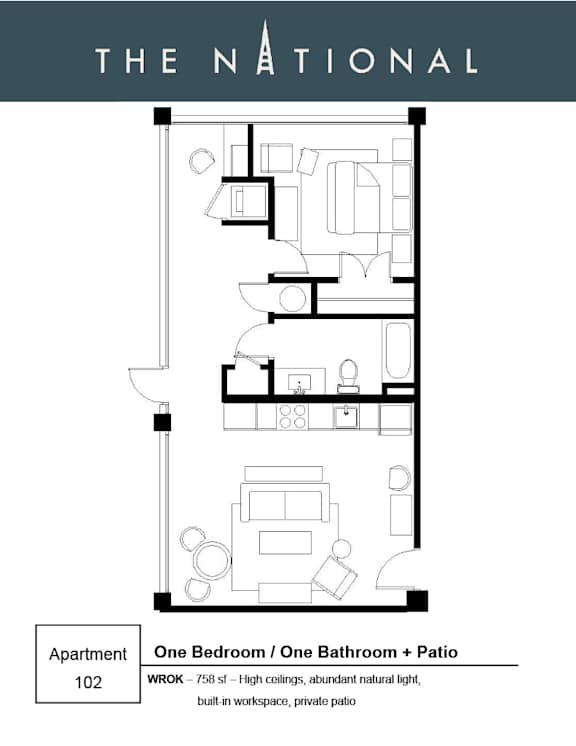 Apartment floor plan with one bedroom, one bathroom and a patio.