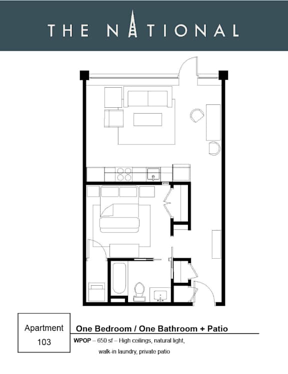 Apartment floor plan with one bedroom, one bathroom, and patio.