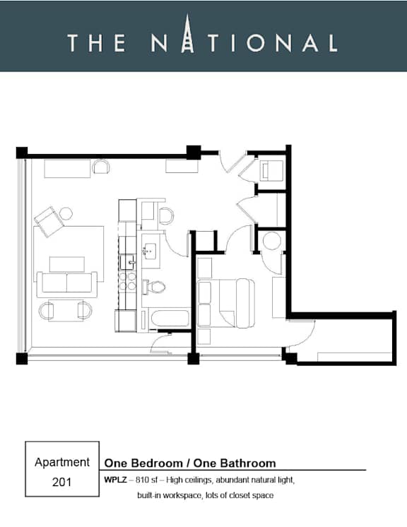 A 2D floor plan of a small apartment with a kitchen, living room, and bathroom.