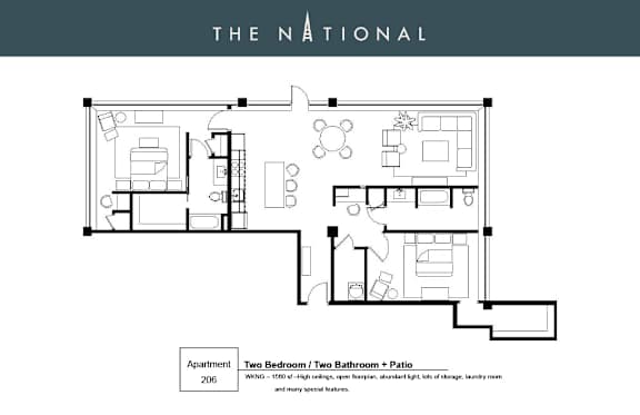 Apartment floor plan with two bedrooms, two bathrooms, and a patio.