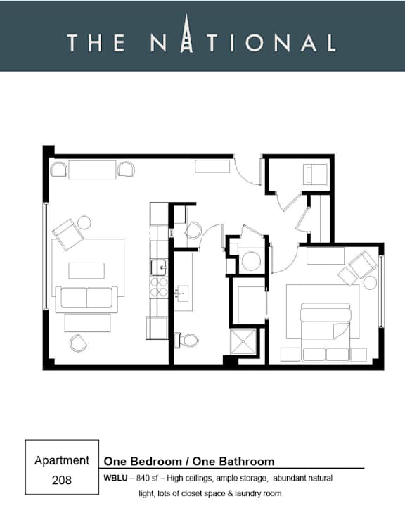 Apartment 208 at The National contains one bedroom and one bathroom.