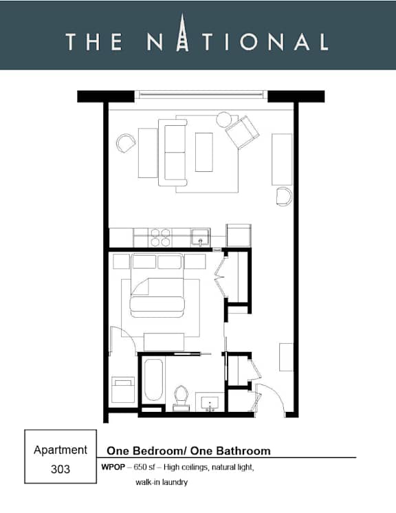 Apartment 303 at The National contains one bedroom and one bathroom.
