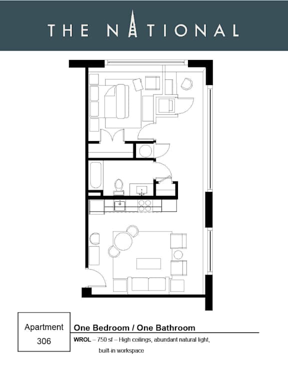 Apartment 306 floor plan for The National shows a bedroom and bathroom.