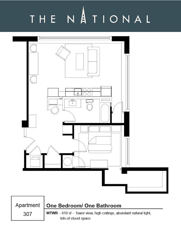 Apartment 307 at The National has one bedroom and one bathroom.