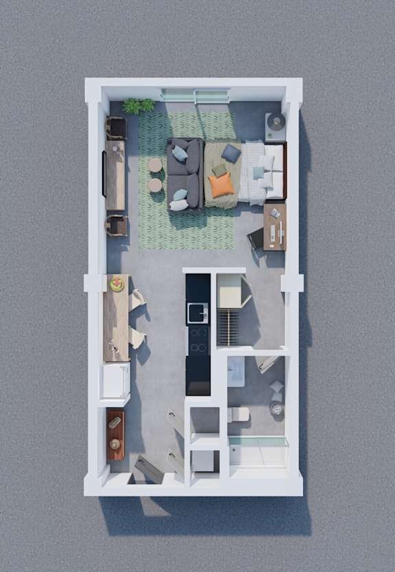 A top-down view of a small apartment with a living room, kitchen, and bathroom.
