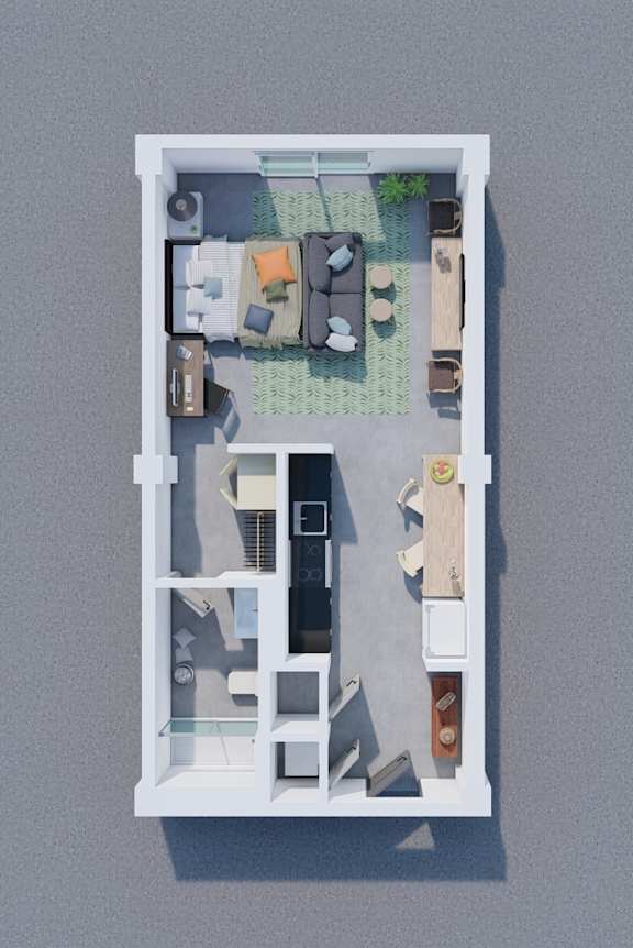 A top-down view of a small apartment layout with a kitchen, living room, and bathroom.