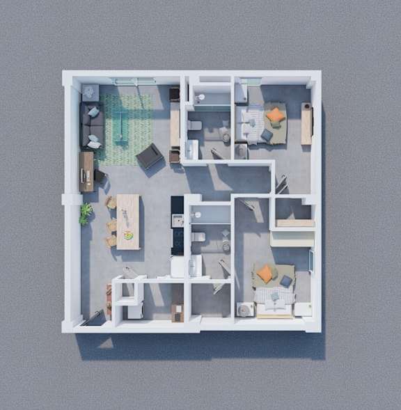 A top-down view of a small apartment with a kitchen, living room, and bathroom.