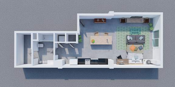 A top-down view of a living room with a couch, a coffee table, and a television.