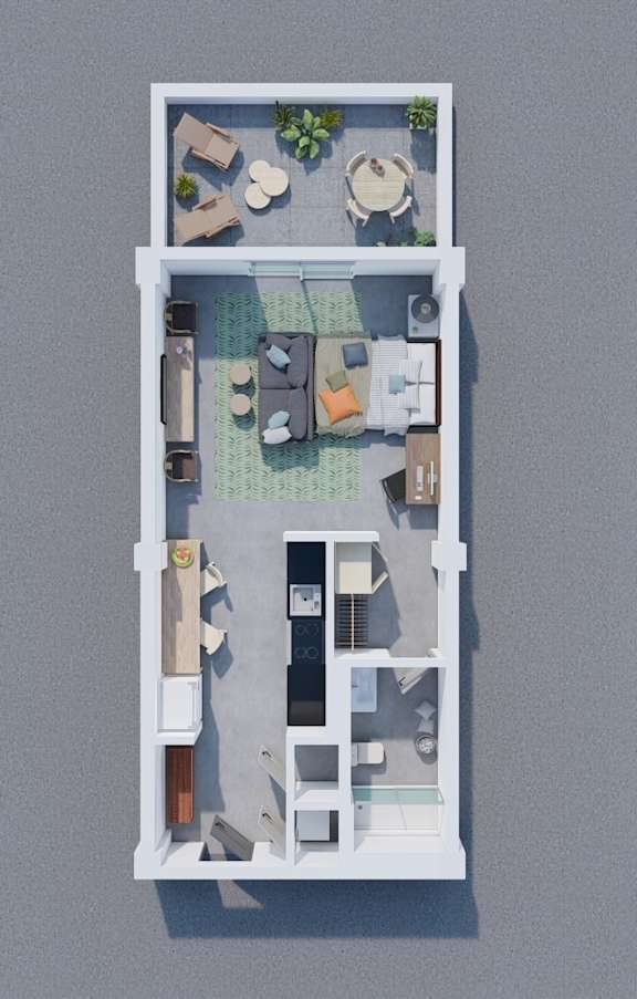 A top-down view of a small apartment with a living room, kitchen, and bedroom.