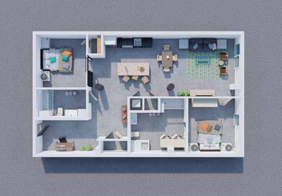 A top-down view of a house layout with various rooms and furniture.