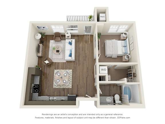 Floor Plan  A 3D floor plan of a small apartment with a living room, kitchen, and bedroom.