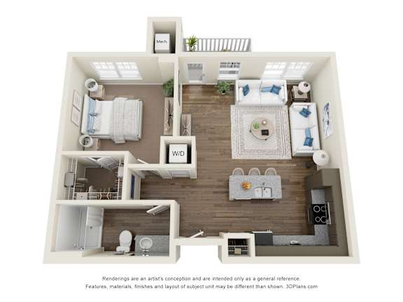 A 3D floor plan of a house with a kitchen, living room, and bathroom.