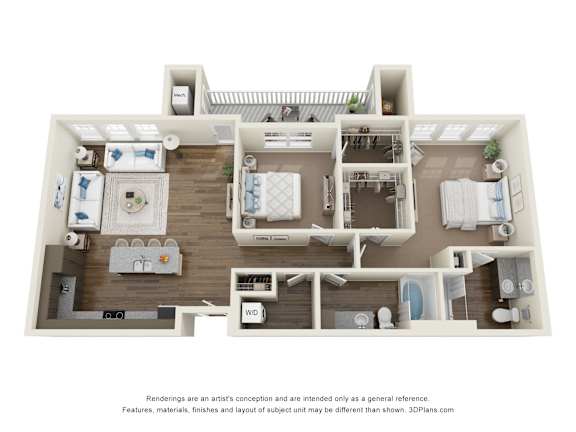 A 3D floor plan of a house with a kitchen, living room, and bathrooms.