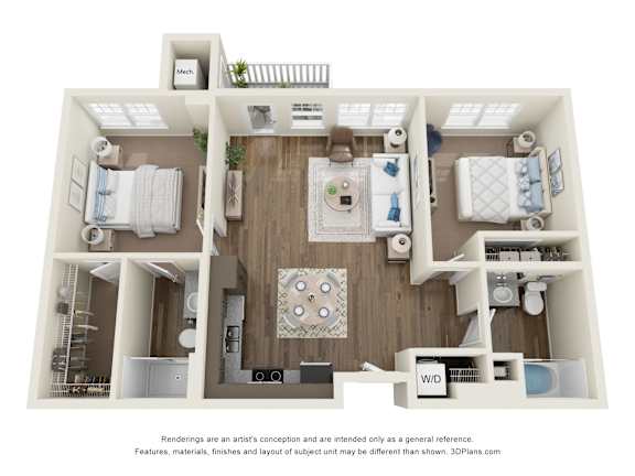 A 3D floor plan of a house with a kitchen, living room, and two bedrooms.
