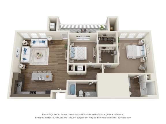 A 3D floor plan of a house with a kitchen, living room, and two bedrooms.