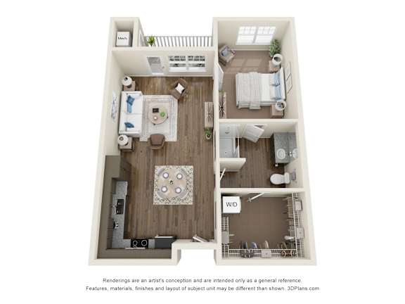 A floor plan of a small apartment with a kitchen, living room, and bedroom.